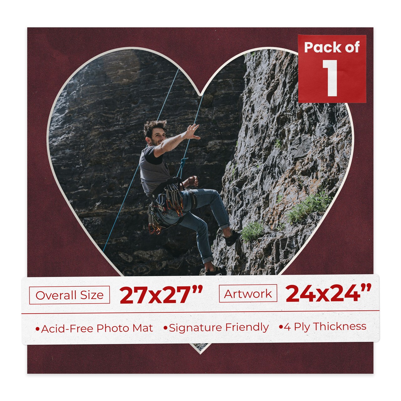 Dark Red Suede Mat Board for 27x27 Frames - Heart Opening for 24x24 Photos